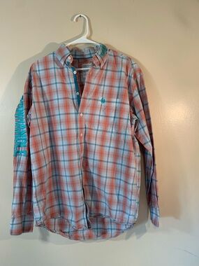 Men's Plaid Button-Down Shirt in Coral & Teal Panhandle size m